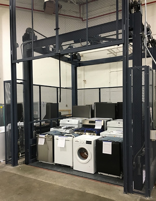 vertical lift for appliances in warehouse