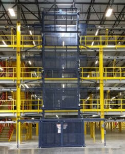 A PFlow Amazon M vertical reciprocating conveyor makes moving product between floors easy and safe.