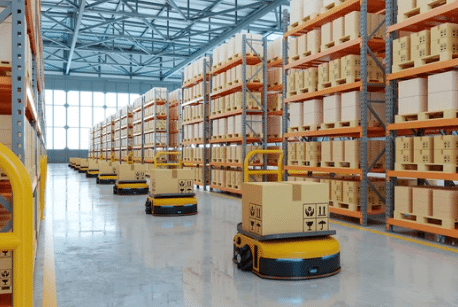 AGV transporting products in a fully-automated warehouse