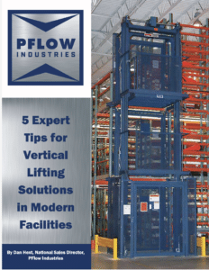 PFlow Industries white paper cover showing a blue vertical reciprocating conveyor (VRC) installed in a warehouse with high-bay racking.